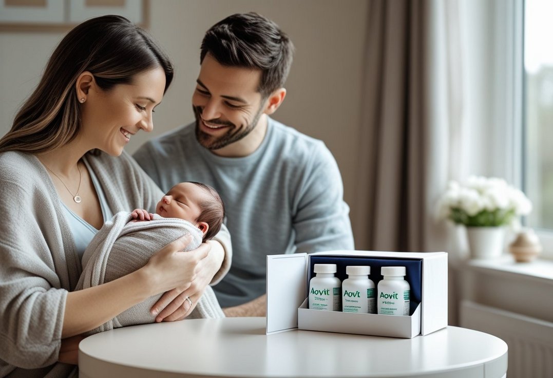 Nybagte forældre og baby med gave